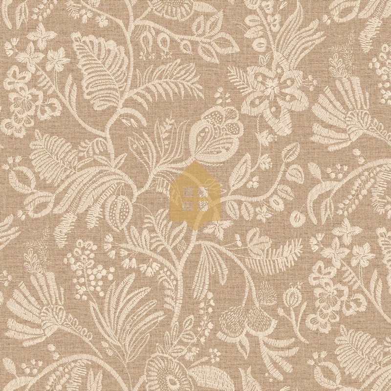 Papel pintado Pastel con diseño de flores bordadas sobre fondo textil.