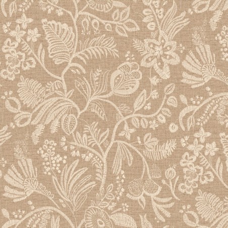 Papel pintado Pastel con diseño de flores bordadas sobre fondo textil.