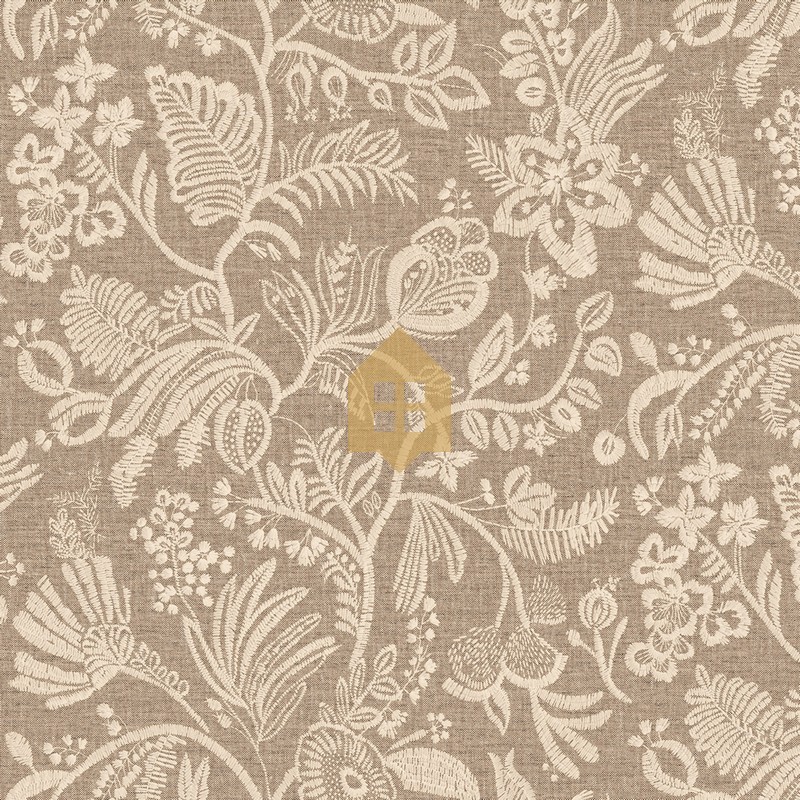 Papel pintado Pastel con diseño de flores bordadas sobre fondo textil.