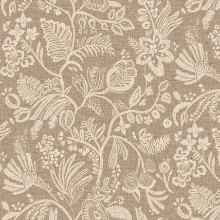 Papel pintado Pastel con diseño de flores bordadas sobre fondo textil.