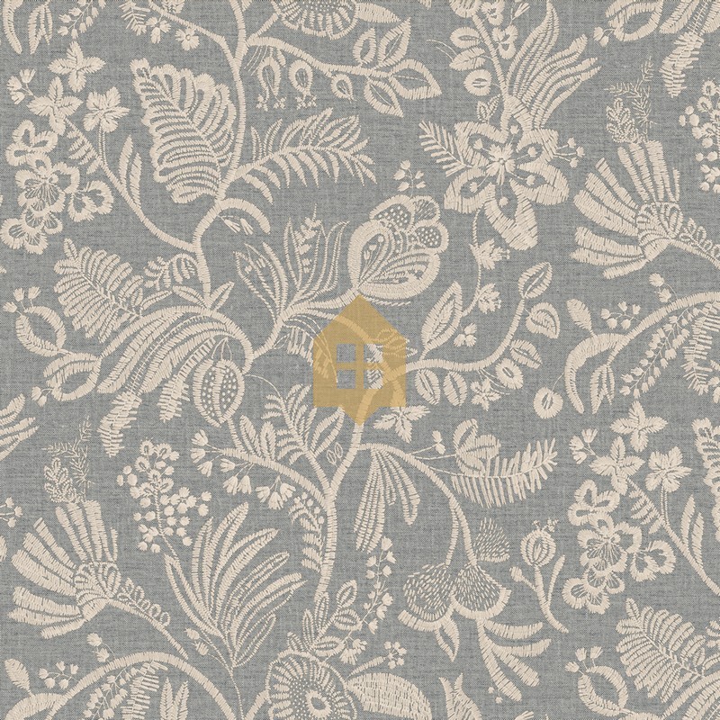 Papel pintado Pastel con diseño de flores bordadas sobre fondo textil.