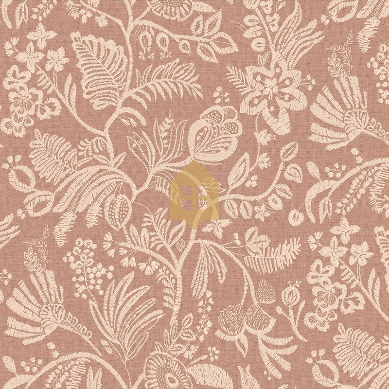 Papel pintado Pastel con diseño de flores bordadas sobre fondo textil.