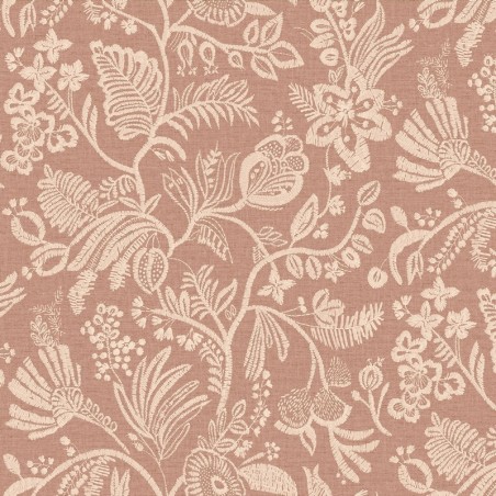 Papel pintado Pastel con diseño de flores bordadas sobre fondo textil.