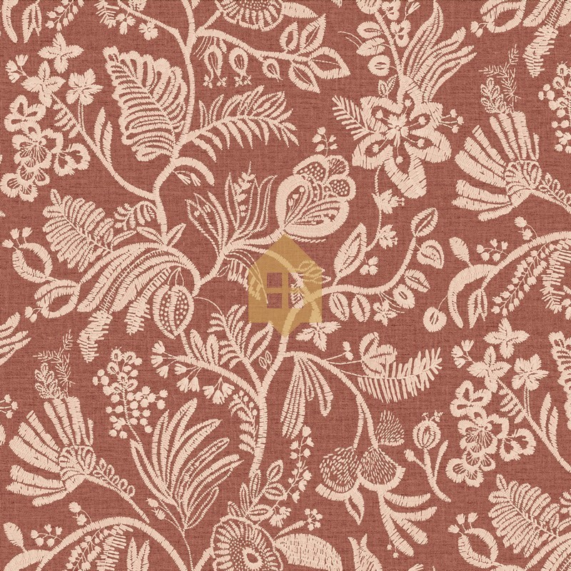 Papel pintado Pastel con diseño de flores bordadas sobre fondo textil.