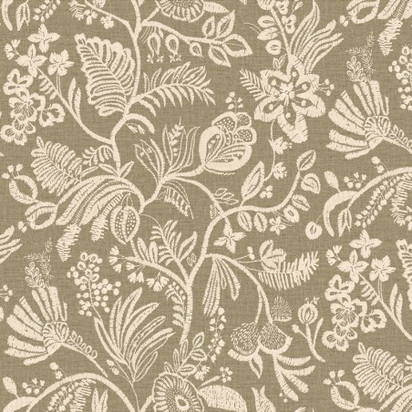 Papel pintado Pastel con diseño de flores bordadas sobre fondo textil.