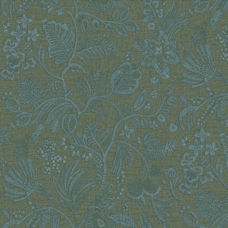 Papel pintado Pastel con diseño de flores bordadas sobre fondo textil.