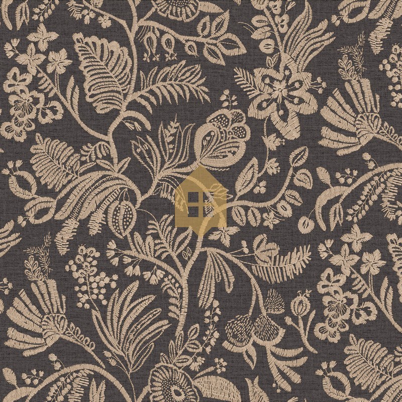 Papel pintado Pastel con diseño de flores bordadas sobre fondo textil.