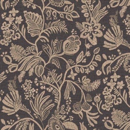 Papel pintado Pastel con diseño de flores bordadas sobre fondo textil.