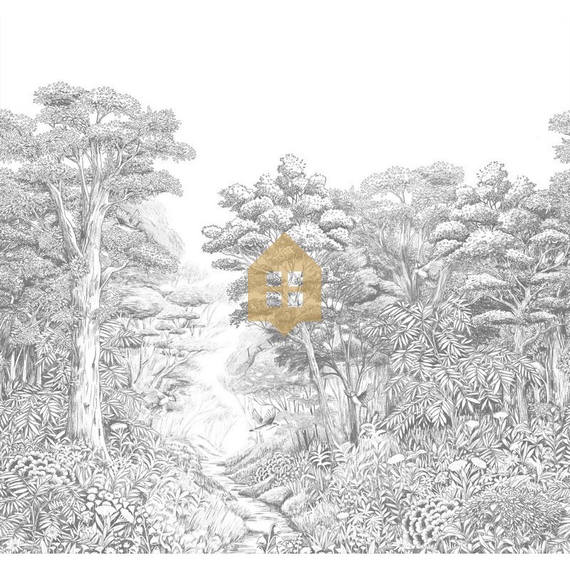 Papel pintado panorámico Inaya con diseño de selva exuberante en la cocina.