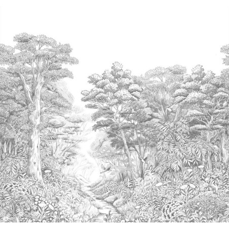 Papel pintado panorámico Inaya con diseño de selva exuberante en la cocina.