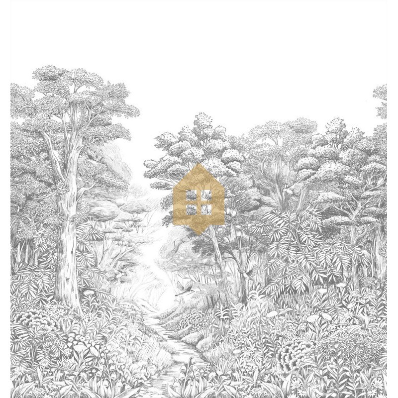 Papel pintado panorámico Inaya con diseño de selva exuberante en la cocina.