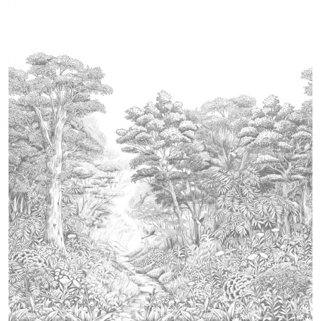 Papel pintado panorámico Inaya con diseño de selva exuberante en la cocina.