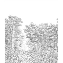 Papel pintado panorámico Inaya con diseño de selva exuberante en la cocina.