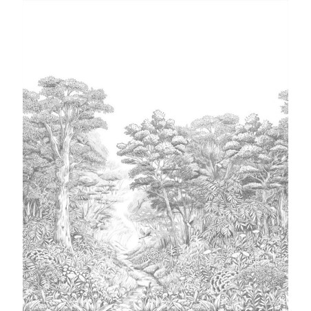 Papel pintado panorámico Inaya con diseño de selva exuberante en la cocina.