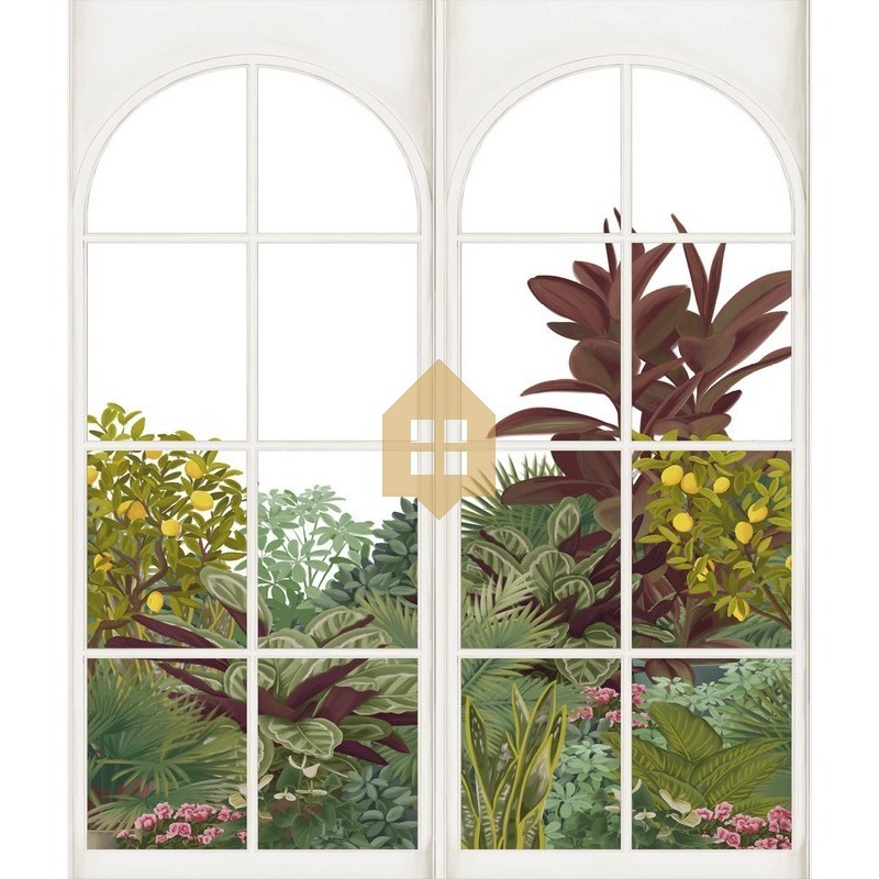 Fotomural panorámico Verdant Cascade con efecto de cristalera y jardín vegetal.