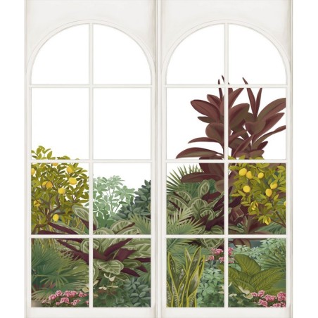 Fotomural panorámico Verdant Cascade con efecto de cristalera y jardín vegetal.