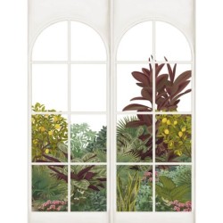 Fotomural panorámico Verdant Cascade con efecto de cristalera y jardín vegetal.