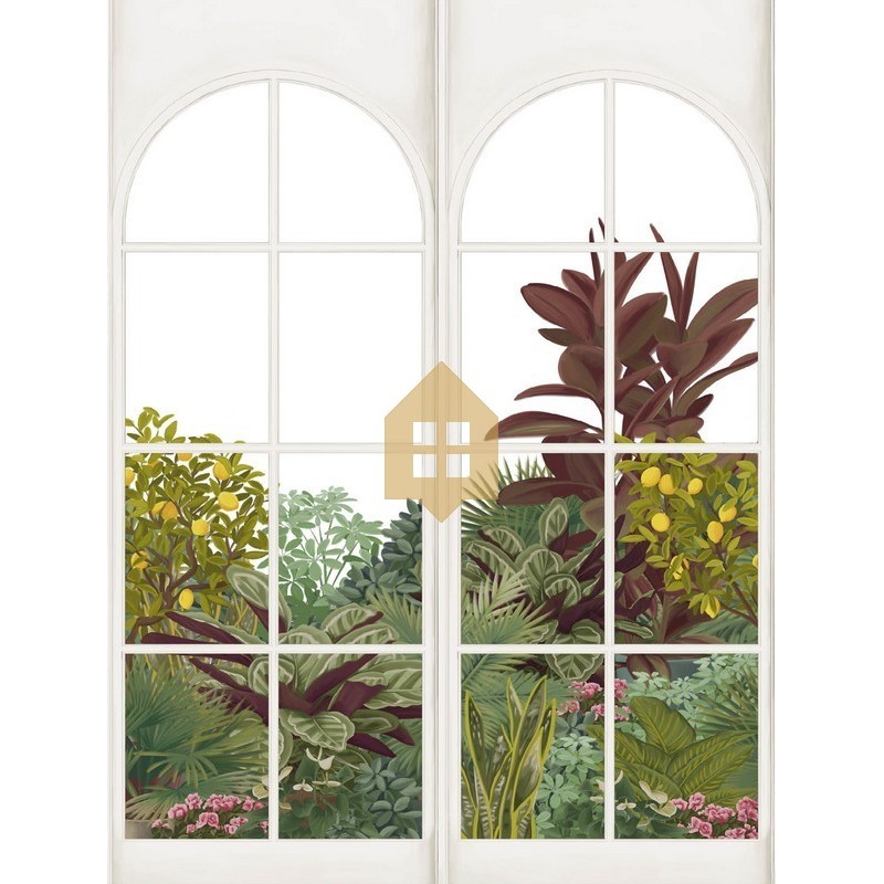 Fotomural panorámico Verdant Cascade con efecto de cristalera y jardín vegetal.