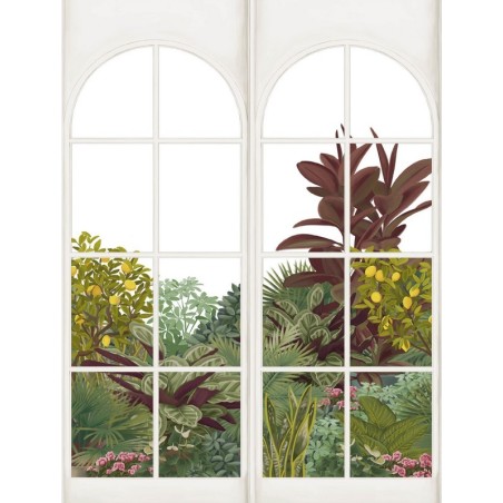 Fotomural panorámico Verdant Cascade con efecto de cristalera y jardín vegetal.