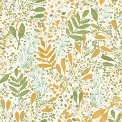 Papel pintado Green Life Joy con diseño de hojas frescas en una cocina.