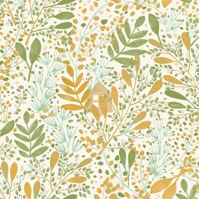 Papel pintado Green Life Joy con diseño de hojas frescas en una cocina.