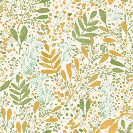 Papel pintado Green Life Joy con diseño de hojas frescas en una cocina.