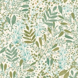 Papel pintado Green Life Joy con diseño de hojas frescas en una cocina.