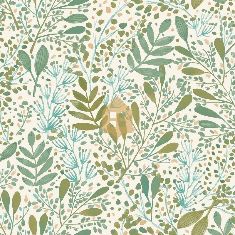 Papel pintado Green Life Joy con diseño de hojas frescas en una cocina.