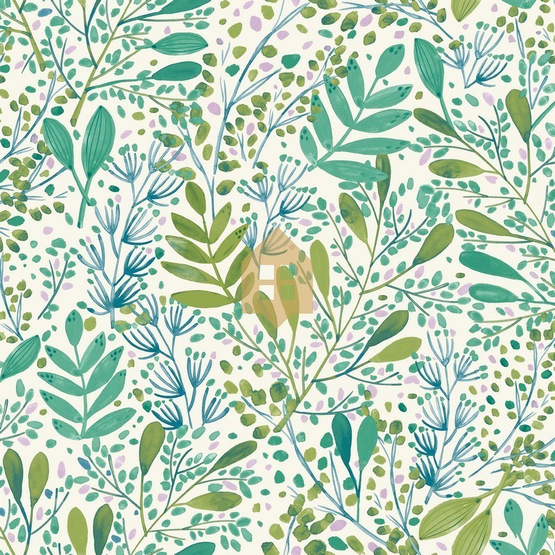 Papel pintado Green Life Joy con diseño de hojas frescas en una cocina.