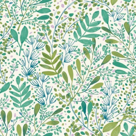 Papel pintado Green Life Joy con diseño de hojas frescas en una cocina.