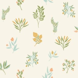 Papel pintado botánico Luck con diseño de hierbas aromáticas de Caselio.