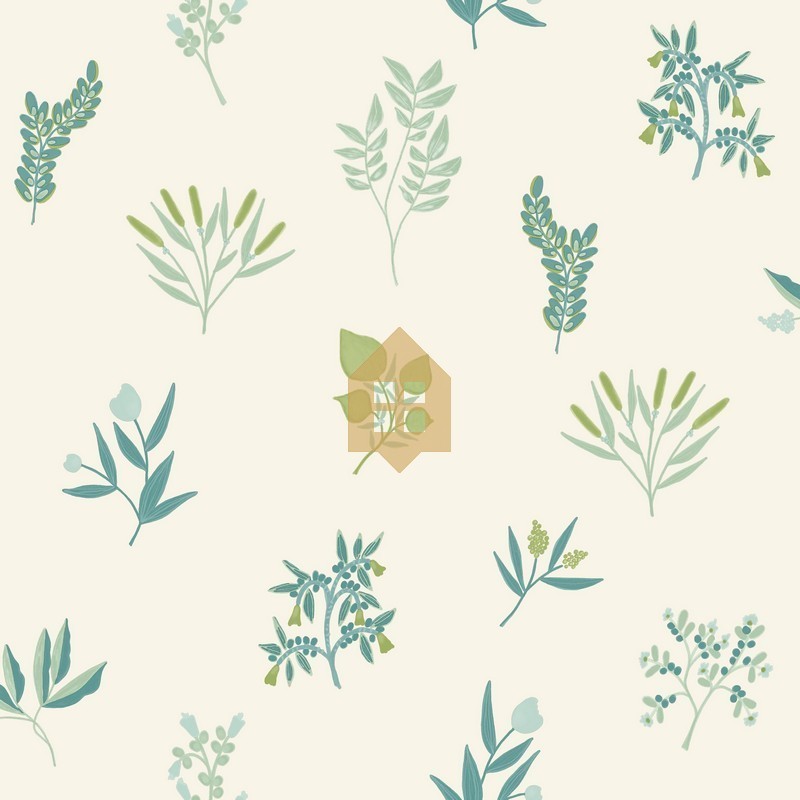 Papel pintado botánico Luck con diseño de hierbas aromáticas de Caselio.