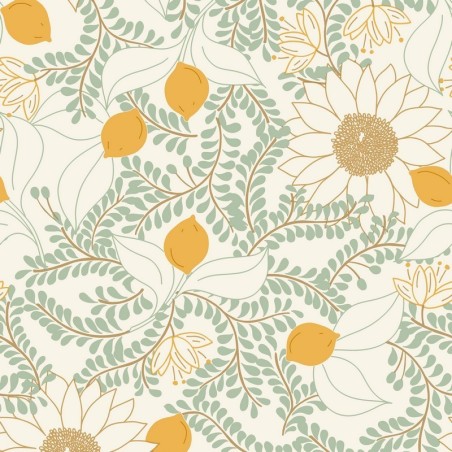 Papel pintado floral Sunflower con diseño mediterráneo de Caselio.
