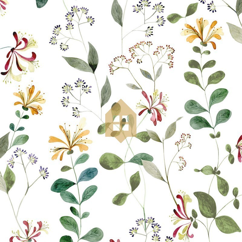 Papel pintado botánico con diseño de madreselva Chevrefeuille Sauvage de Casadeco.