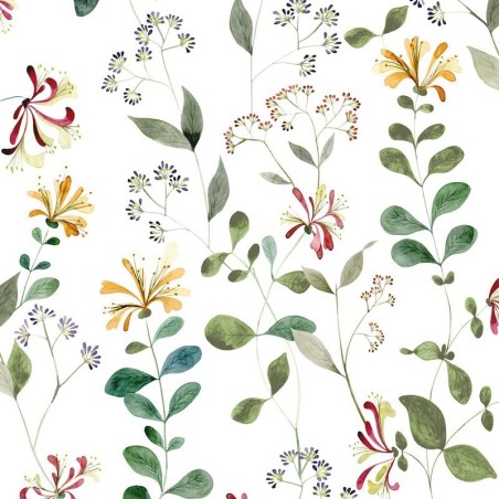Papel pintado botánico con diseño de madreselva Chevrefeuille Sauvage de Casadeco.