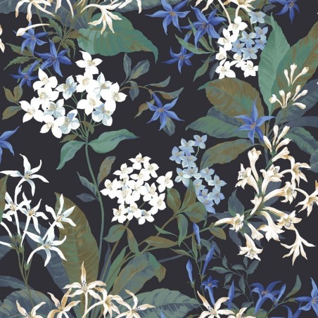 Papel pintado floral con diseño de jazmín Songe de Jasmin de Casadeco.