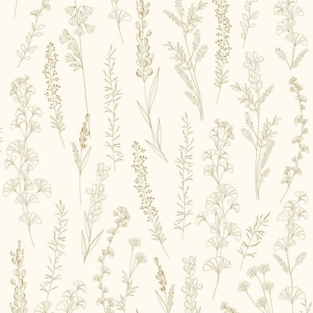Papel pintado estilo herbario con detalles irisados Carnet Botanique de Casadeco.