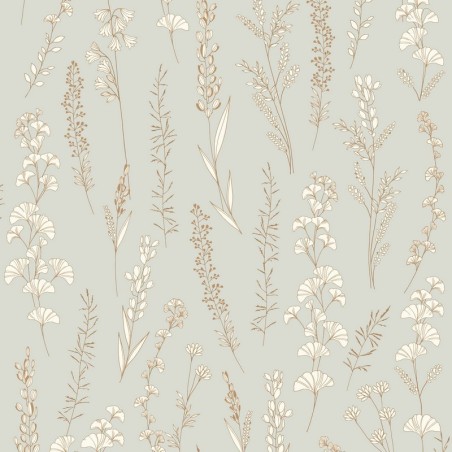 Papel pintado estilo herbario con detalles irisados Carnet Botanique de Casadeco.