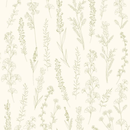 Papel pintado estilo herbario con detalles irisados Carnet Botanique de Casadeco.