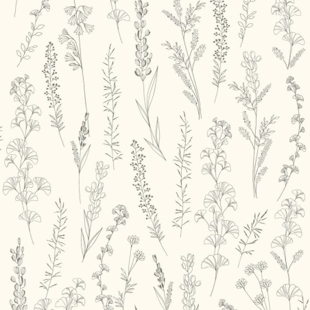 Papel pintado estilo herbario con detalles irisados Carnet Botanique de Casadeco.