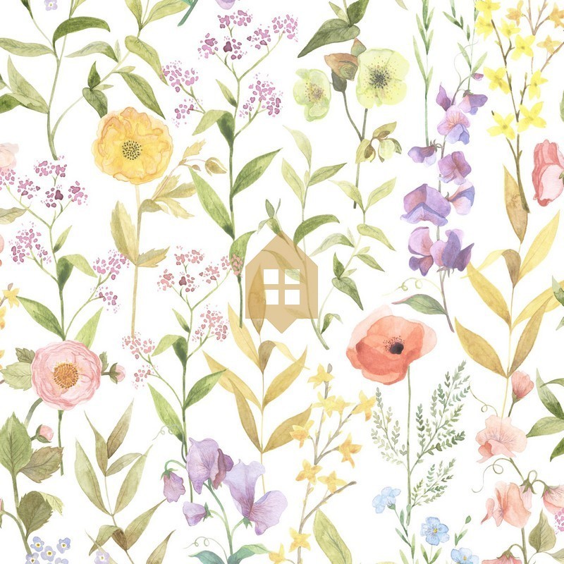 Papel pintado floral estilo acuarela Fleurs des Champs de Casadeco.