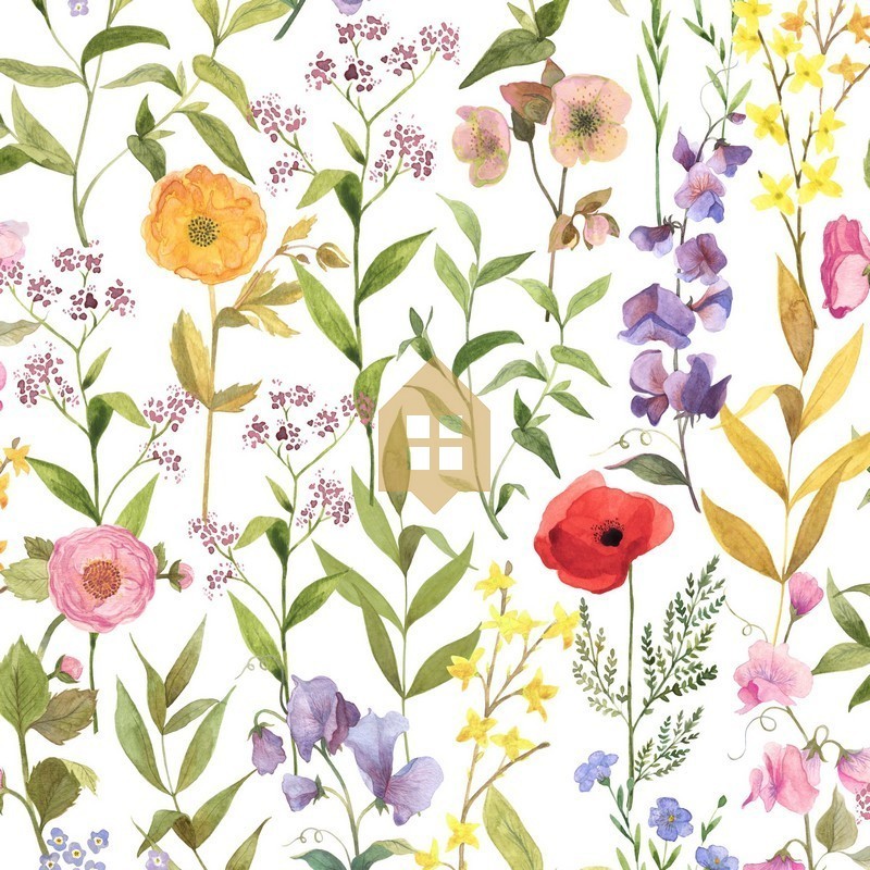 Papel pintado floral estilo acuarela Fleurs des Champs de Casadeco.