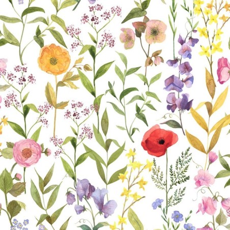 Papel pintado floral estilo acuarela Fleurs des Champs de Casadeco.