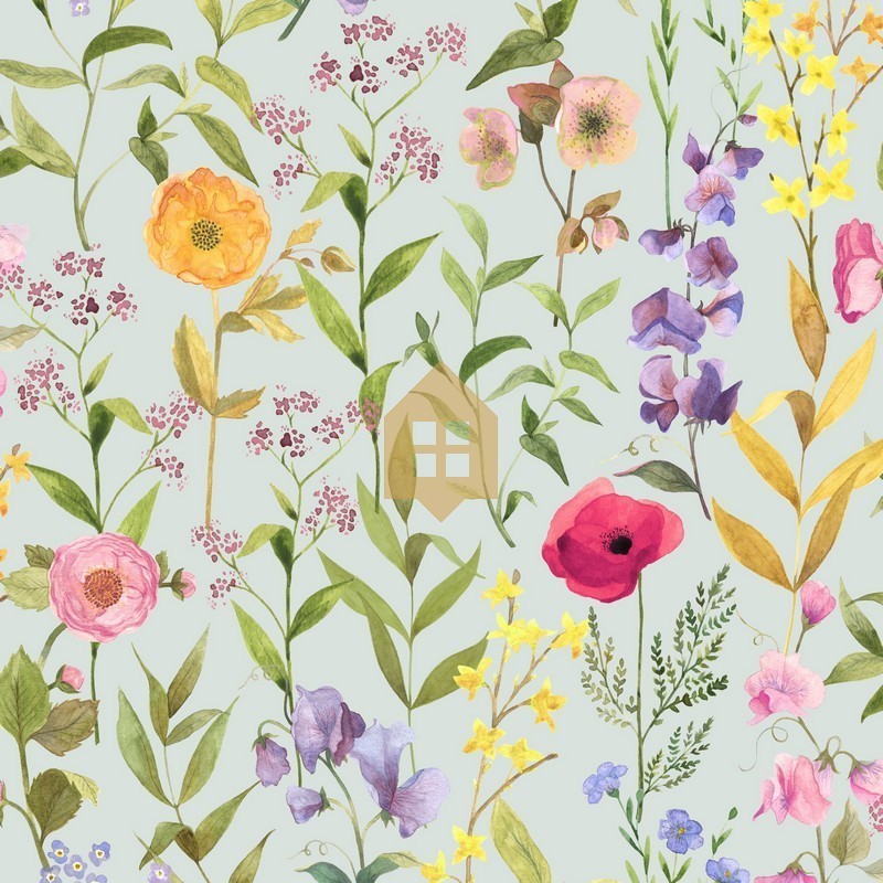 Papel pintado floral estilo acuarela Fleurs des Champs de Casadeco.