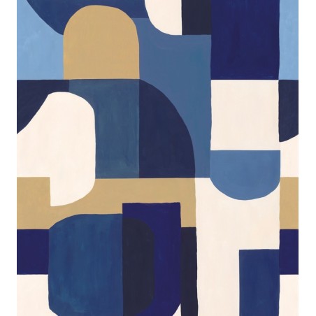 Fotomural Solena de Caselio Blue Shades: diseño geométrico XXL en azul y tonos neutros con textura de efecto pintura.