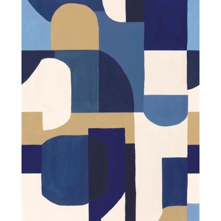 Fotomural Solena de Caselio Blue Shades: diseño geométrico XXL en azul y tonos neutros con textura de efecto pintura.