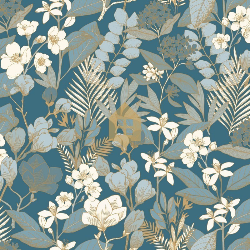 Papel pintado Lovely Field de Caselio Blue Shades con grandes ramos de flores en tonos azules y detalles en color dorado.