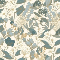 Papel pintado Lovely Field de Caselio Blue Shades con grandes ramos de flores en tonos azules y detalles en color dorado.