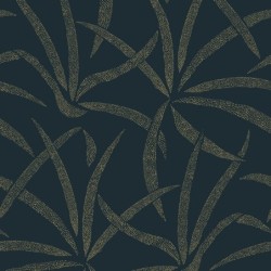 Papel pintado Filara de Caselio Blue Shades con diseño de grandes hojas, detalles metalizados y textura efecto fibra.