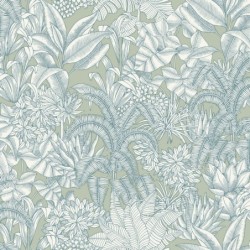 Papel pintado Palmaris de Caselio Blue Shades con motivo de hojas tropicales de líneas finas y delicadas sobre fondo liso.